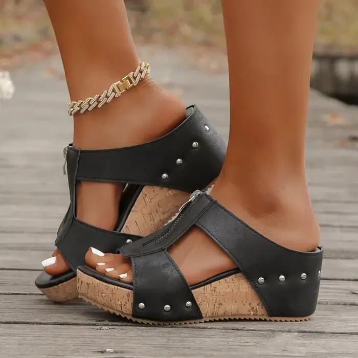 Mules compensées pour femmes à bout ouvert, plateforme, talon haut, fermeture éclair, dessus texturé, détails cloutés, style décontracté, pour l'été et le quotidien, à enfiler
