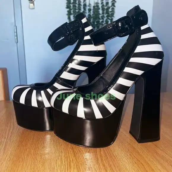 Lady Gladiator Design rayé plate-forme boucle sangle Mary Janes talon épais noir blanc piste micro c