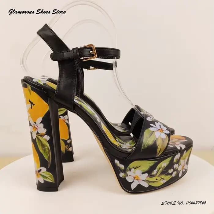 Sandales à plateforme de Style vacances bohème pour femmes, chaussures de soirée à talons hauts en cuir avec sangle à boucle imprimée, bout rond et ouvert, talon épais