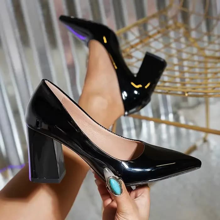 Escarpins à talons hauts en cuir verni rose pour femmes, escarpins à talons épais à enfiler, grande