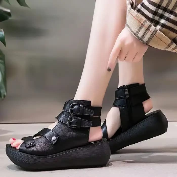 Sandales de gladiateur en cuir rétro pour femmes, chaussures à talons mi-hauts, plateforme, Rome, ét