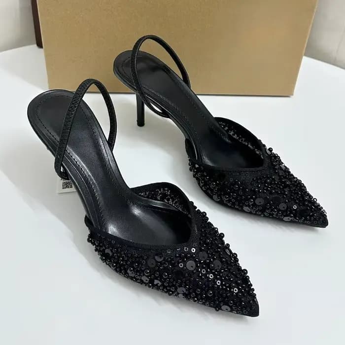 Chaussures de soirée élégantes à talons hauts pour femmes, paillettes scintillantes, perles, maille, Design de marque, sandales de luxe pour dames de bureau, été 2025