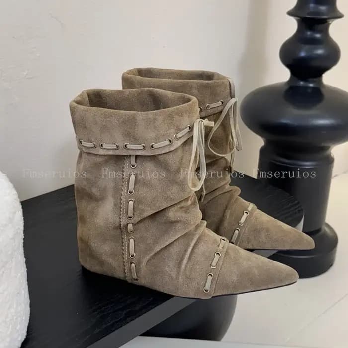 Femmes mi-mollet bottes Style de mode bout pointu plat bottines en cuir à lacets larges bretelles élégantes conception
