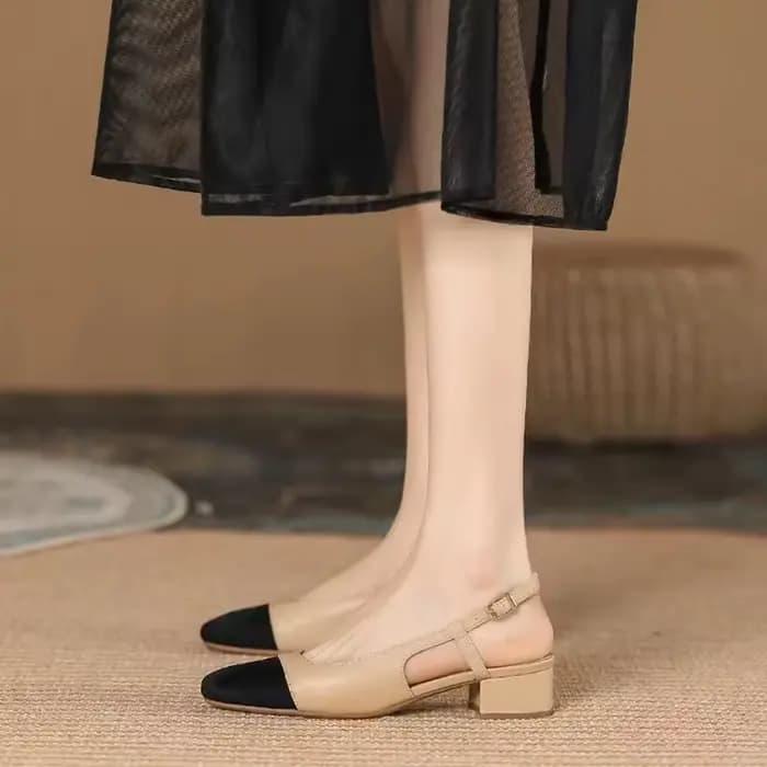 Sandales à talon moyen style français pour femme, polyvalentes, à bout ouvert, sans bride arrière, color block, à boucle, semelle en caoutchouc, pour l'été