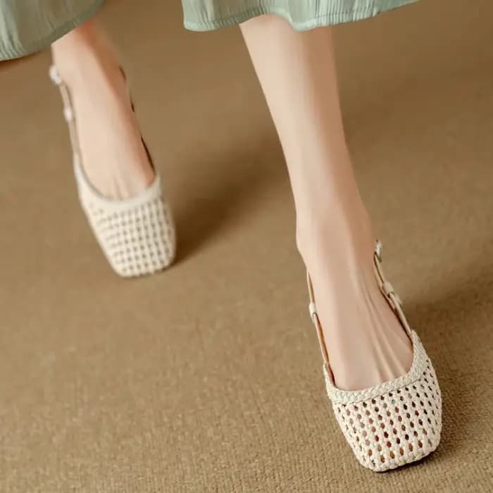 Sandales à talons hauts tissées à bout pointu style français pour femmes, talon épais, en cuir respirant, chaussures d'été tendance