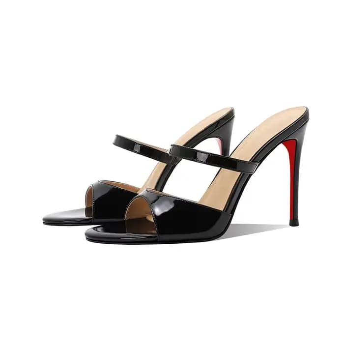 Sandales en cuir verni noir, pantoufles d'extérieur pour femmes, talons fins, bout rond, orteils exposés, nouveaux talons hauts d'été sexy