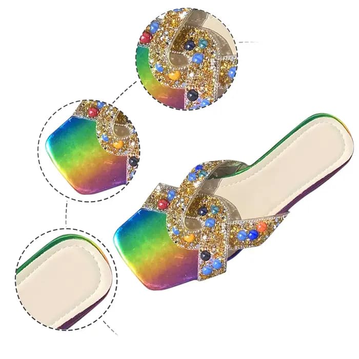 Sandales plates à diamants colorés pour femmes, pantoufles à semelle souple, légères et confortables, mode d'été, parka ouverte, plage en plein air