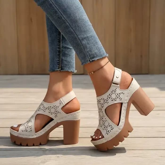 Sandales à plateforme à talon épais pour femme, à découpes florales, semelle crantée, à bride arrière, bout ouvert, style rétro décontracté, confortables pour l'été et la marche