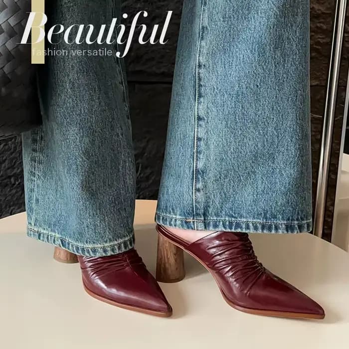 Dilalula 2025 Mules à talons hauts en cuir véritable pour femmes pantoufles plissées à bout couvert dames