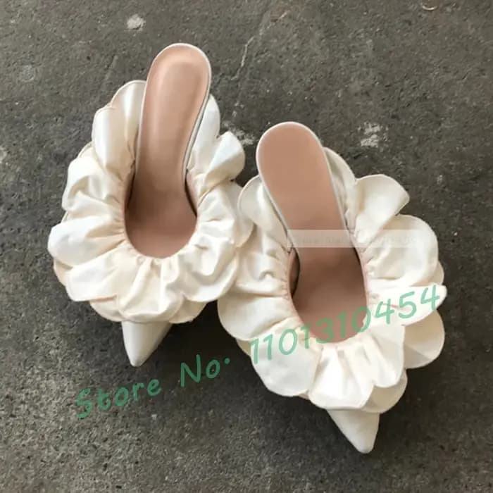 Mules à talons bas à volants verts pour femmes, fleur douce, design rond, chaussures pointues magnif