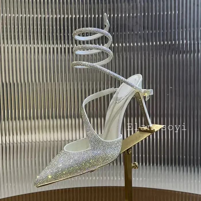 Bout pointu talons hauts femmes brillant cristal décor cheville serpent en forme enroulement chaussures de fête