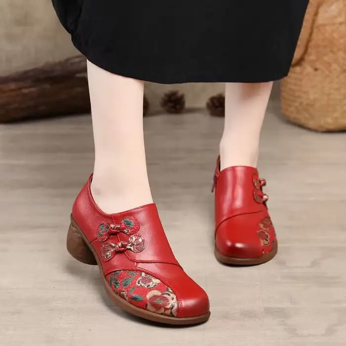 Escarpins bohème imprimés de fleurs rétro pour femmes, chaussures faites à la main en cuir véritable