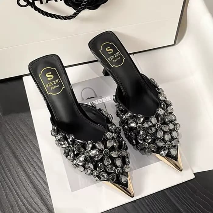 Strass de luxe bout pointu Mules pompes femmes pantoufles été nouvelle mode diapositives concepteur