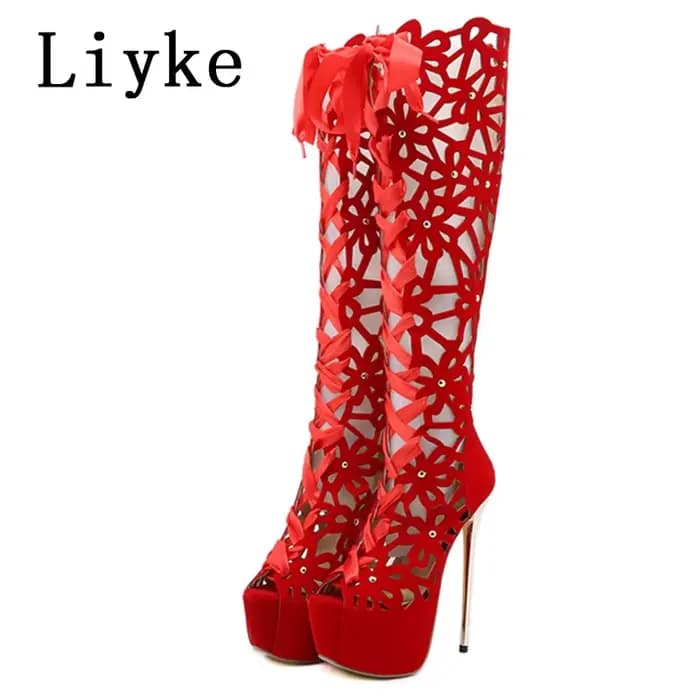 Liyke 16CM Ultra mince talons hauts Sexy discothèque évider sur les bottes au genou femmes Peep orte