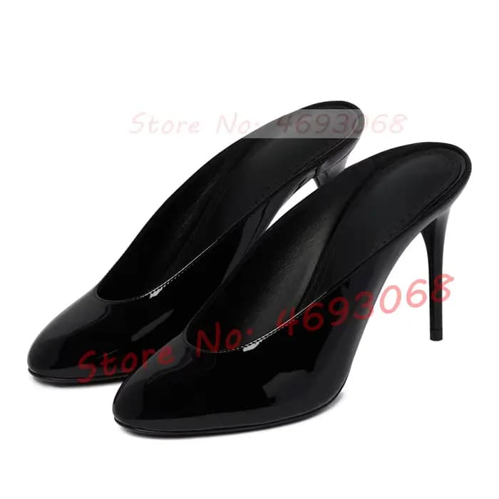 Mules à bout rond en cuir verni noir pour femmes, chaussures Sexy à talons aiguilles blancs, pantouf