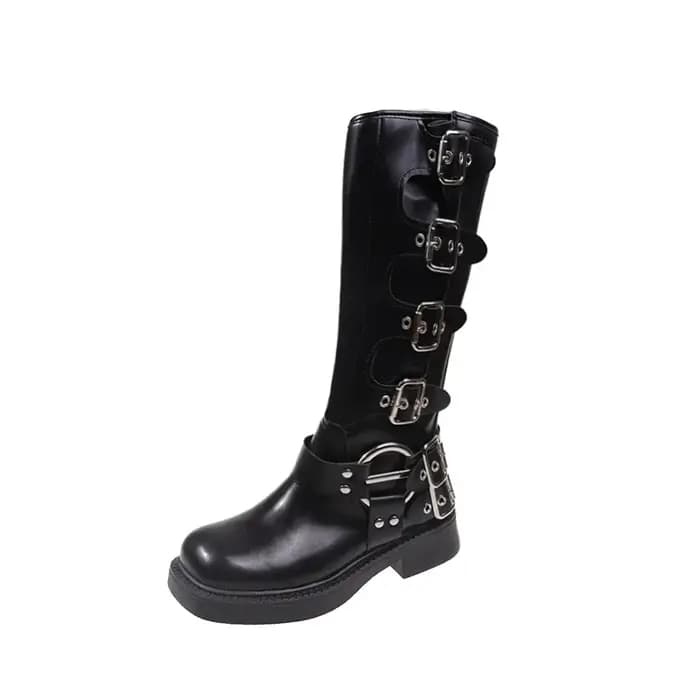 Femme bottes genou haute plate-forme élégante talon bas tendance Punk gothique New Rock cuir mode chaussures pour femmes