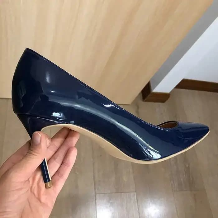 Tikicup femmes bleu marine brevet pompes coupe basse bout pointu talons aiguilles dames élégantes formelles sans lacet