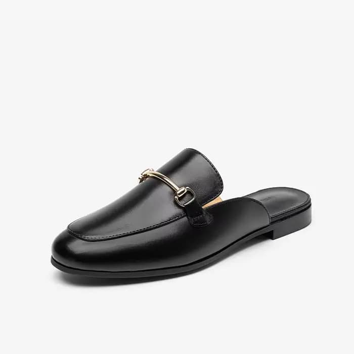 BEAUTODAY Mules décontractées femmes en cuir de veau décoration en métal couleur unie pantoufles mod