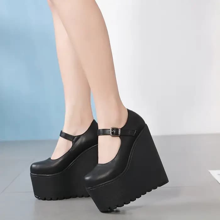 Escarpins à Talons Compensés en Cuir Noir pour Femme, Chaussures à Plateforme, Talons Hauts, Parker Rond, Vêtements de Plein Air pour Dames, Tenue de ix, Sangle de Rincage, 16cm