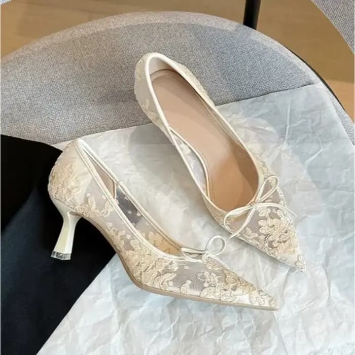 Chaussures de mariage escarpins de mariée pour femmes dentelle élégante avec nœud décor bout pointu maille talons aiguilles confortable classique fête
