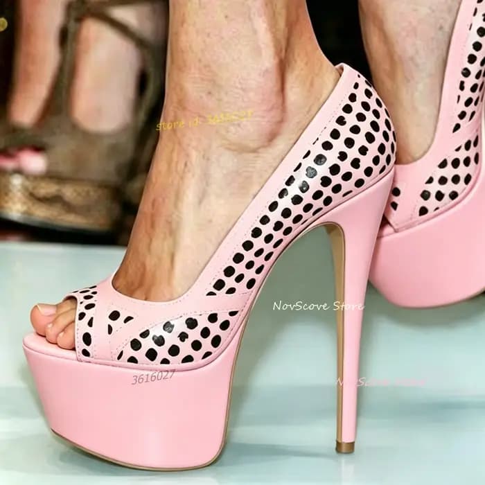 Sandales à plateforme peep toe multicolores à pois noirs, talons aiguilles hauts, escarpins à coutur