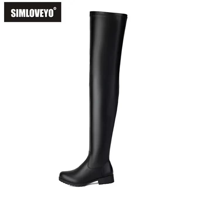 SIMLOVEYO nouveau hiver automne sur les bottes au genou 3.5 cm talon carré fermeture éclair bout ron