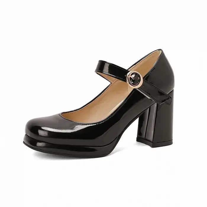 PU cuir verni vert bleu marine bout fermé dames matures pompes de bureau boucle sangle Vintage femmes Mary Janes chaussures bloc talons