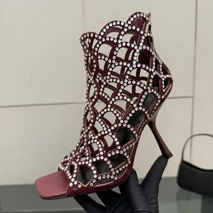 Sandales à talons hauts et fins en cristal brillant pour femmes, bottes ajourées à bout ouvert avec strass scintillants, chaussures de robe de Banquet pour printemps et été