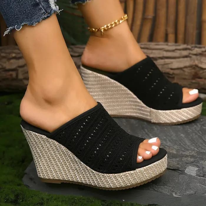 2026 Sandales compensées à plateforme pour femme, mules confortables à bout ouvert, à enfiler, tressées, chaussures de plage d'été