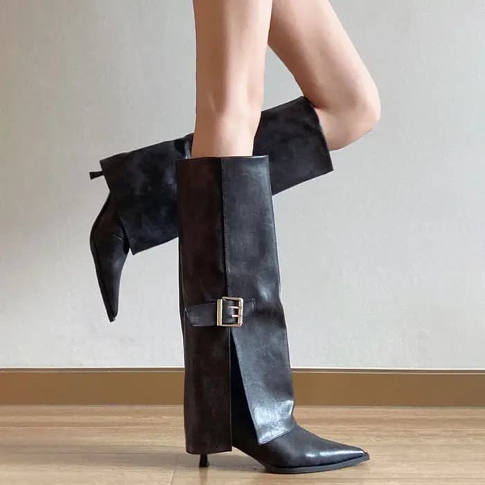 Bout pointu bottes de chevalier femmes boucle de ceinture talon haut manchette