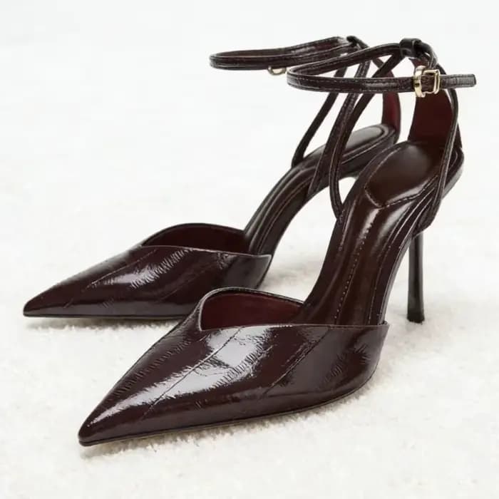 Escarpins de styliste avec lanière à la cheville pour femmes, chaussures Sexy à bout pointu en cuir
