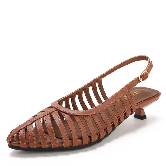 Sandales d'été pour femme marron doré, talon bas 4 cm, bout fermé, tissées ajourées, à bride à boucle, chaussures décontractées habillées