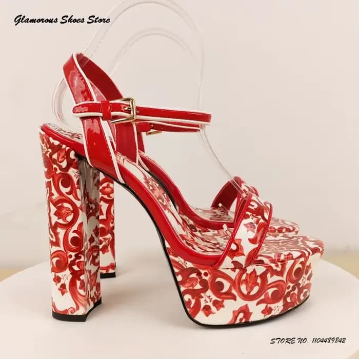 Sandales à plateforme de Style vacances bohème pour femmes, chaussures de soirée à talons hauts en cuir avec sangle à boucle imprimée, bout rond et ouvert, talon épais
