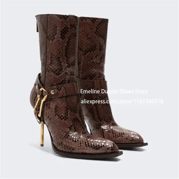 Bottines à talons hauts en cuir imprimé serpent