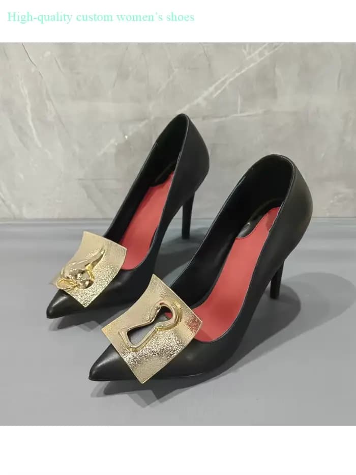 Escarpins noirs en cuir à bout pointu doré pour femme, talons aiguilles fins et solides, chaussures