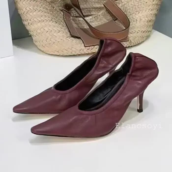 Bout pointu talons hauts chaussures simples femmes pompes en cuir véritable plissé Zapatos De Mujer