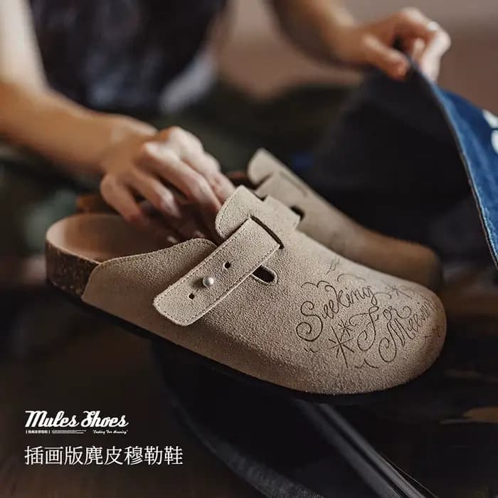 Maden femmes respirant Illustration Mules chaussures demi glisser fond épais vêtements chauds