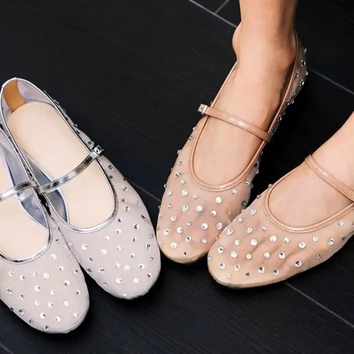 Ballerines Mary Jane en résille transparente pour femme, ornées de strass étincelants, élégantes, à