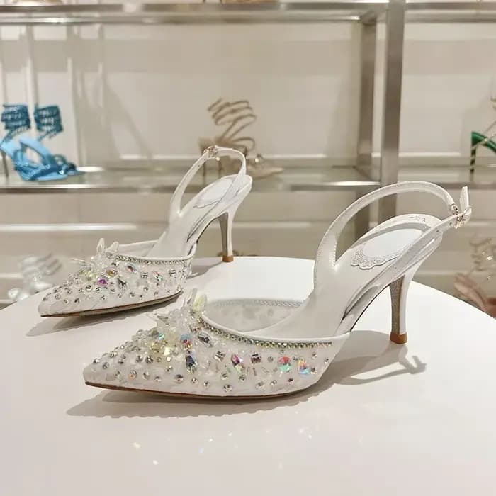 Bout pointu talons fins sandales femmes maille cristal papillon fleur sangle arrière Sandalias été mode fête Banquet