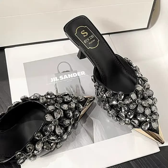 Strass de luxe bout pointu Mules pompes femmes pantoufles été nouvelle mode diapositives concepteur sandales à talons