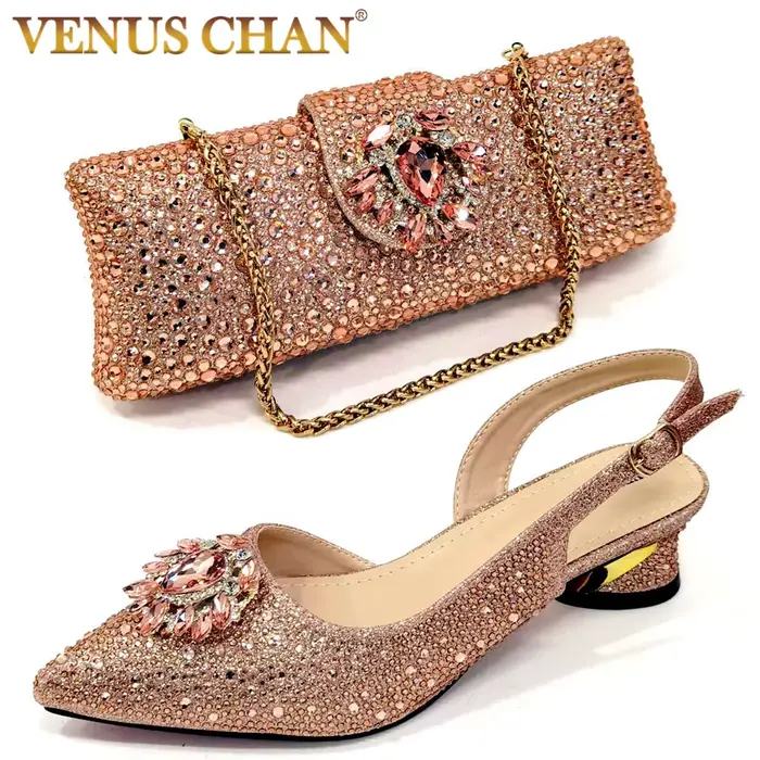 Chaussures et sac à talons hauts couleur Champagne, élégantes et Sexy, avec bout orné de strass, cha